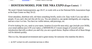 Illustration for article titled Unidentified NRA Expo Exhibitor Seeks Thin, Young Bubbly Female Greeters With 'No Odd Piercings'